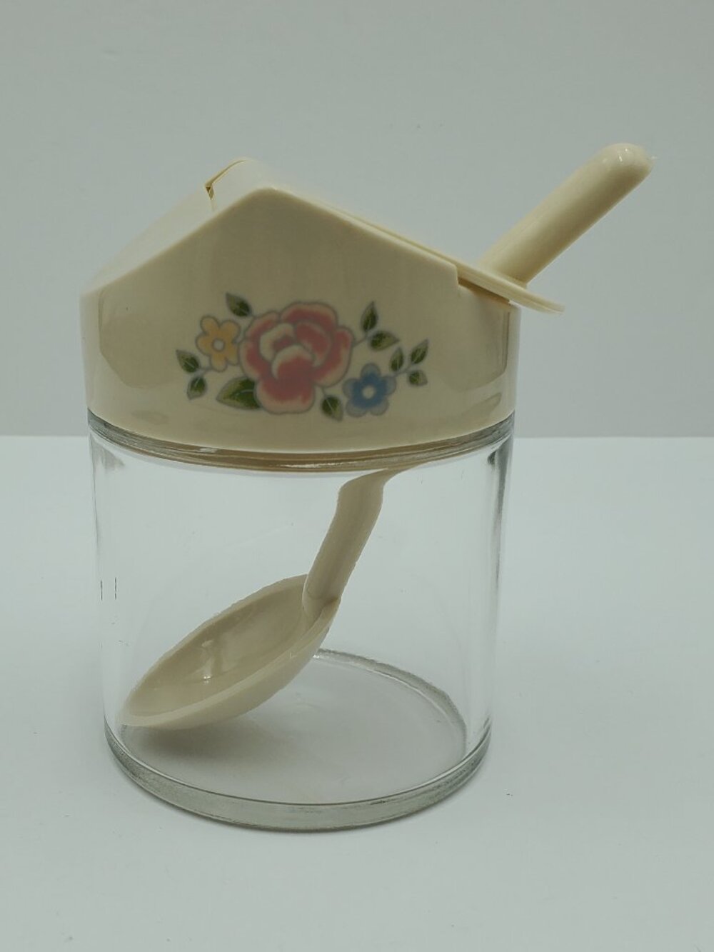 Pfaltzgraff Gemco Tea Rose Glass Sugar Bowl with Plastic Flip Top Lid and Spoon